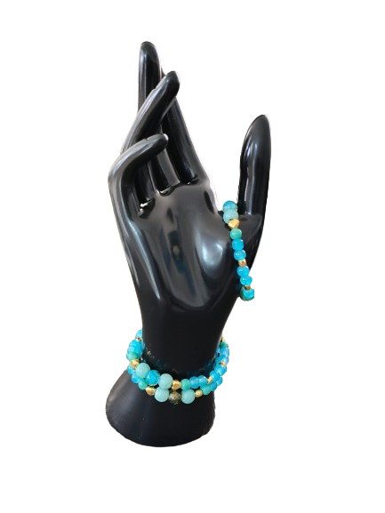 Bracelet - Elastic 6mm and 8mm blue teal & blue brown glass beads and gold spacer beads
