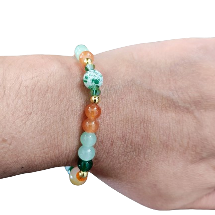 Bracelet - Elastic 6mm and 8mm orange green & green patterned glass beads and orange green 4mm bicone beads and gold spacer beads