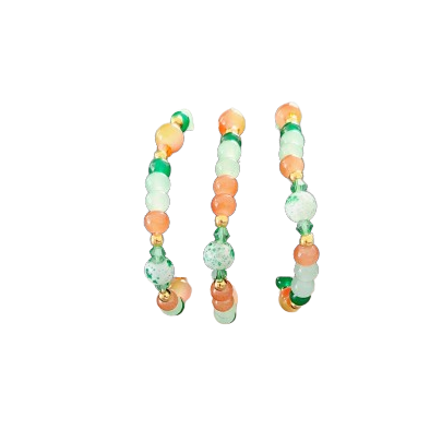 Bracelet - Elastic 6mm and 8mm orange green & green patterned glass beads and orange green 4mm bicone beads and gold spacer beads