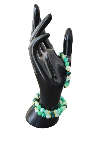 Bracelet - Elastic 8mm green & green patterned glass beads gold spacer beads