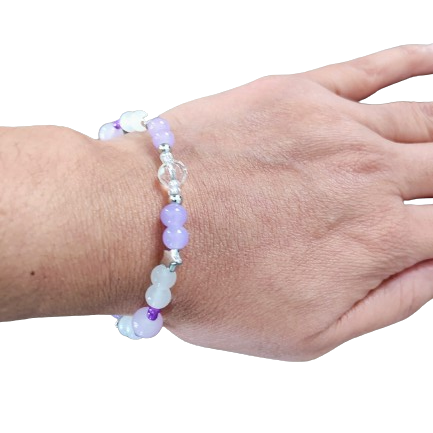 Bracelet - Elastic 6mm and 8mm purple white & clear glass beads and purple clear seed beads and silver spacer beads