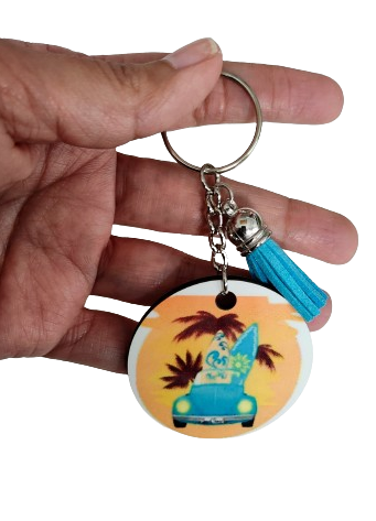 Keychain - Double sided sublimated (blue car with surfboard image) with acrylic tassel