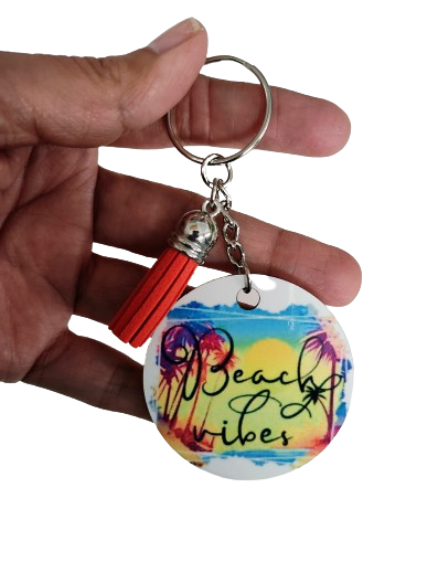 Keychain - Double sided sublimated "Beach vibes" with acrylic tassel