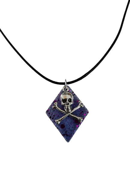 Necklace - 17.5 inches black waxed cord with resin diamond with silver skull charm