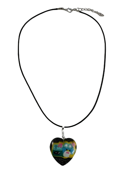 Necklace - 17.5 inches black waxed cord with resin Tuxedo Sam heart pendant