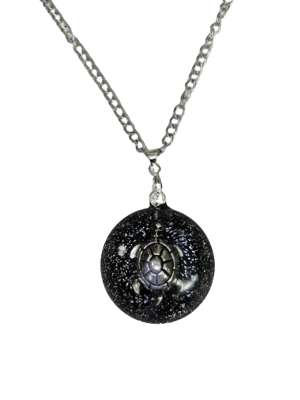 Necklace - 15.75 inches stainless steel curb chain with silver turtle in round resin pendant