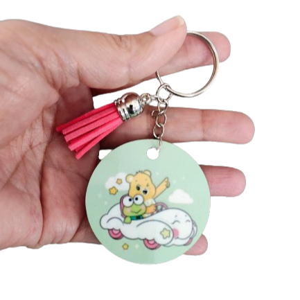 Keychain - Double sided sublimated Keroppi & Yellow care bear with acrylic tassel