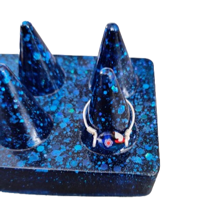 Ring - Blue abstract glass bead on silver 18 gauge wire