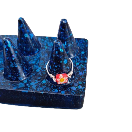 Ring - Glass square with flower image bead on silver 18 gauge wire