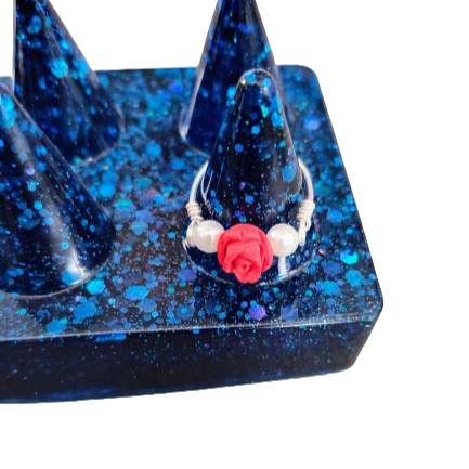 Ring - Red rose with acrylic white pearls on silver 18 gauge wire