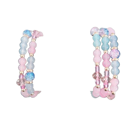 Bracelet - Elastic 6mm and 8mm blue & pink glass beads and rose gold spacer beads