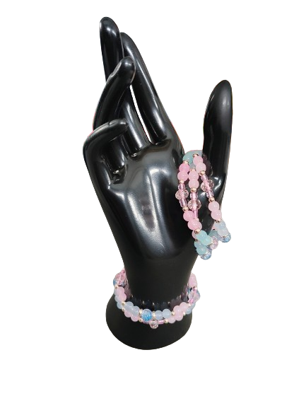 Bracelet - Elastic 6mm and 8mm blue & pink glass beads and rose gold spacer beads