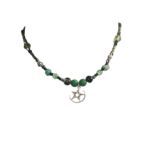 Necklace - 15 inches green & black and silver beaded necklace with silver moon star charm