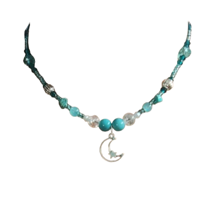 Necklace - 15 inches blue & silver beaded necklace with silver moon charm
