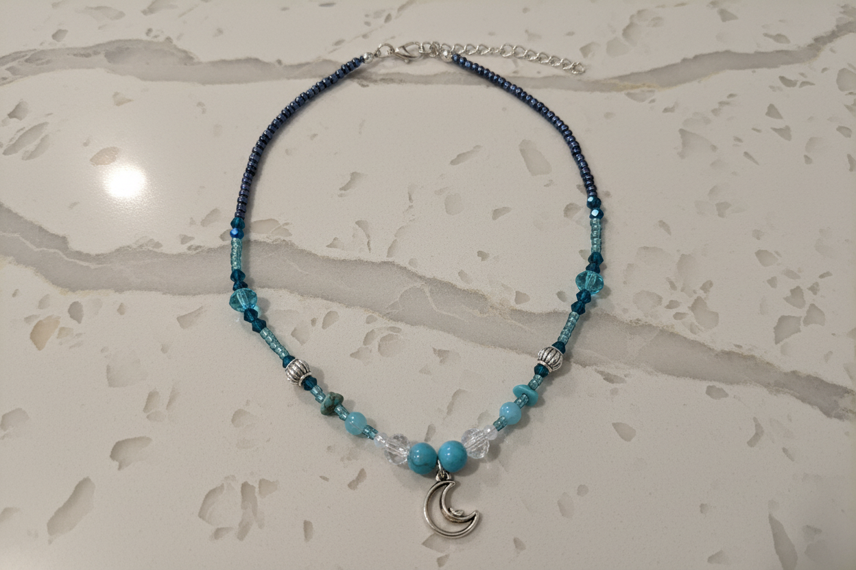 Necklace - 15 inches blue & silver beaded necklace with silver moon charm