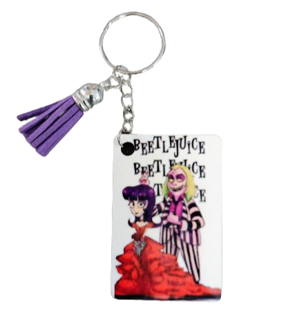 Keychain - Double sided sublimated Beetlejuice with acrylic tassel