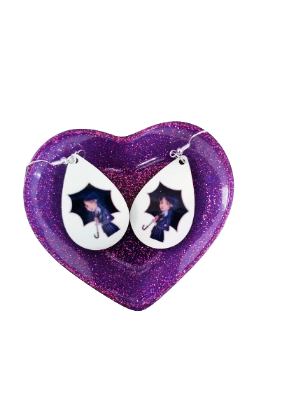 Earrings - Double sided sublimated Wednesday with umbrella image on silver hook