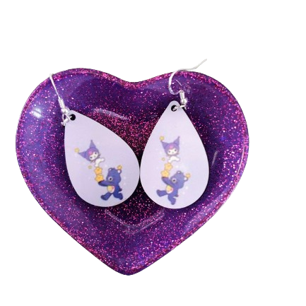 Earrings - Double sided sublimated Kuromi with Harmony bear image on silver hook