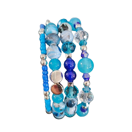 Bracelet - 4 coil & 6 coil Memory wire bracelet blue beads with silver spacer beads