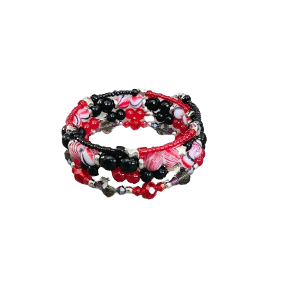 Bracelet - 4 coil & 6 coil Memory wire bracelet red & black beads with silver spacer beads