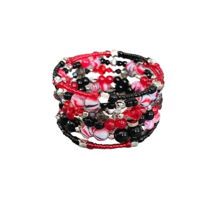 Bracelet - 4 coil & 6 coil Memory wire bracelet red & black beads with silver spacer beads