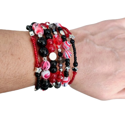 Bracelet - 4 coil & 6 coil Memory wire bracelet red & black beads with silver spacer beads