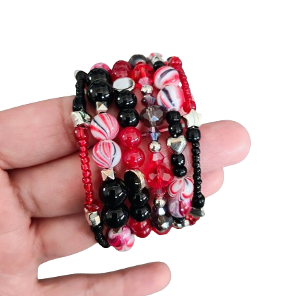 Bracelet - 4 coil & 6 coil Memory wire bracelet red & black beads with silver spacer beads