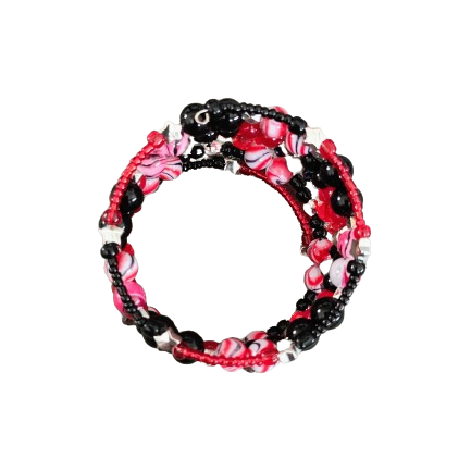 Bracelet - 4 coil & 6 coil Memory wire bracelet red & black beads with silver spacer beads