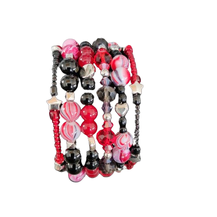 Bracelet - 4 coil & 6 coil Memory wire bracelet red & black beads with silver spacer beads