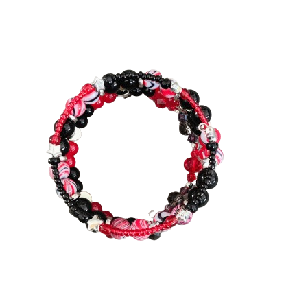 Bracelet - 4 coil & 6 coil Memory wire bracelet red & black beads with silver spacer beads