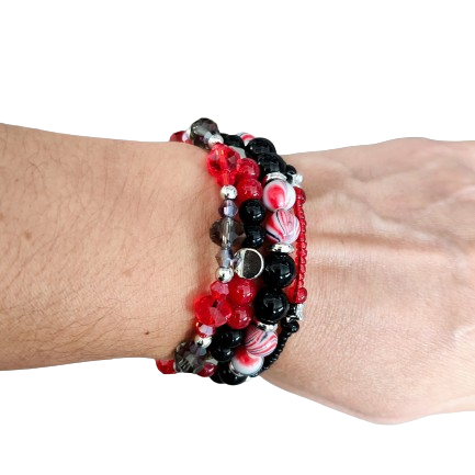 Bracelet - 4 coil & 6 coil Memory wire bracelet red & black beads with silver spacer beads
