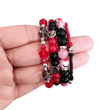Bracelet - 4 coil & 6 coil Memory wire bracelet red & black beads with silver spacer beads