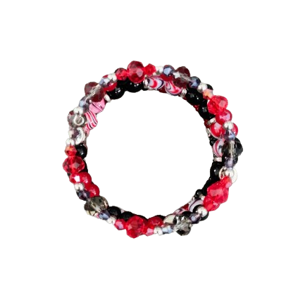 Bracelet - 4 coil & 6 coil Memory wire bracelet red & black beads with silver spacer beads