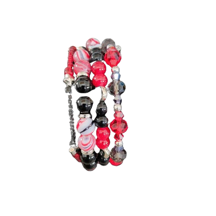 Bracelet - 4 coil & 6 coil Memory wire bracelet red & black beads with silver spacer beads