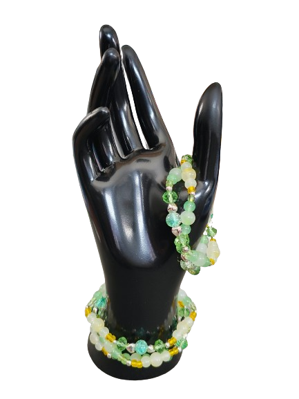 Bracelet - Elastic 6mm and 8mm green & yellow glass beads and silver spacer beads