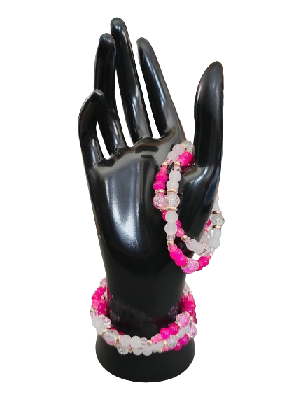 Bracelet - Elastic 6mm and 8mm pink & white glass beads and rose gold spacer beads