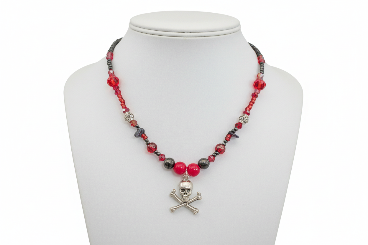 Necklace - 15 inches red & black beaded necklace with silver skull charm