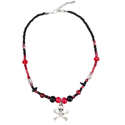 Necklace - 15 inches red & black beaded necklace with silver skull charm