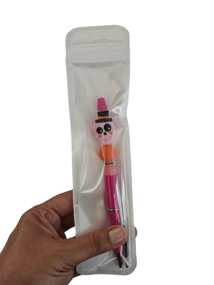 Pen - Skull silicon beaded acrylic pen (black ink)