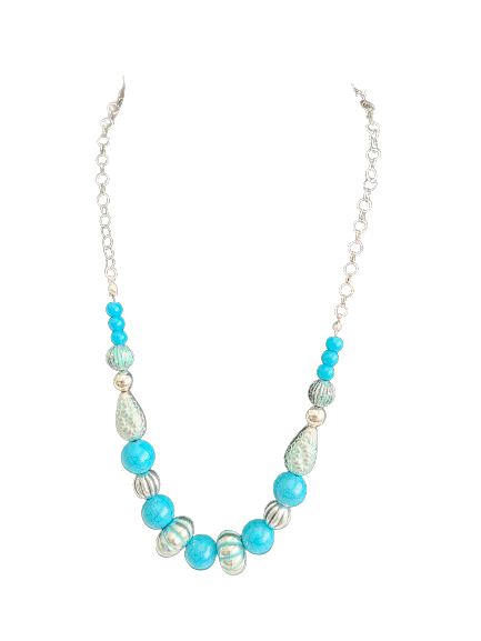 Necklace - 19.5 inches stainless steel 5mm Round Cable Chain with blue and silver acrylic beads