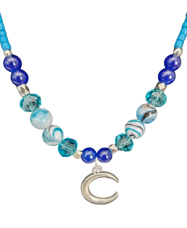 Necklace - 17 inches Silver Stainless Steel Link Cable Chain with blue seed beads, glass beads, and acrylic beads with silver moon charm