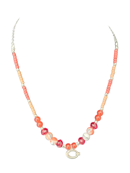 Necklace - 17 inches Silver Stainless Steel Link Cable Chain with orange/red seed beads, glass beads, and acrylic beads with silver moon charm