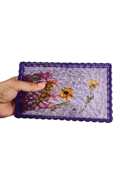 Resin dried flowers rectangle textured trinket dish
