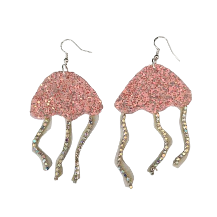 Earrings - Pink glitter faux leather Jelly Fish on silver hook