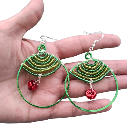 Earrings - Beaded hoop with jingle bell on hook