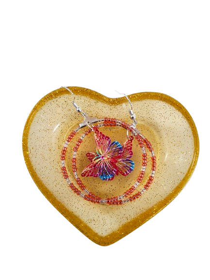 Earrings - Silver hoop with seed beads and filigree butterfly on hook