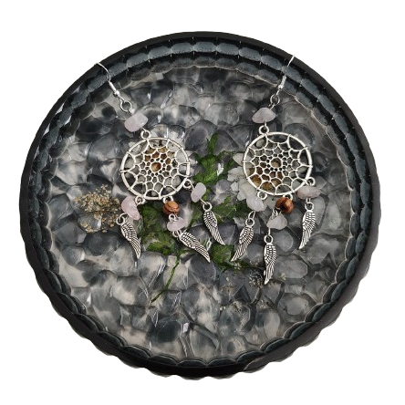 Earrings - Dream catcher with glass beads and silver wings on hook