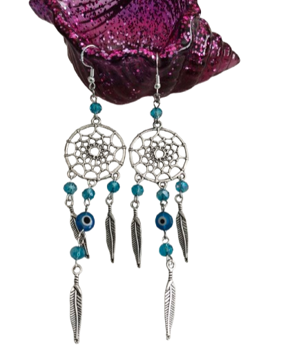 Earrings - Dream catcher with evil eye and beads and silver feather on hook