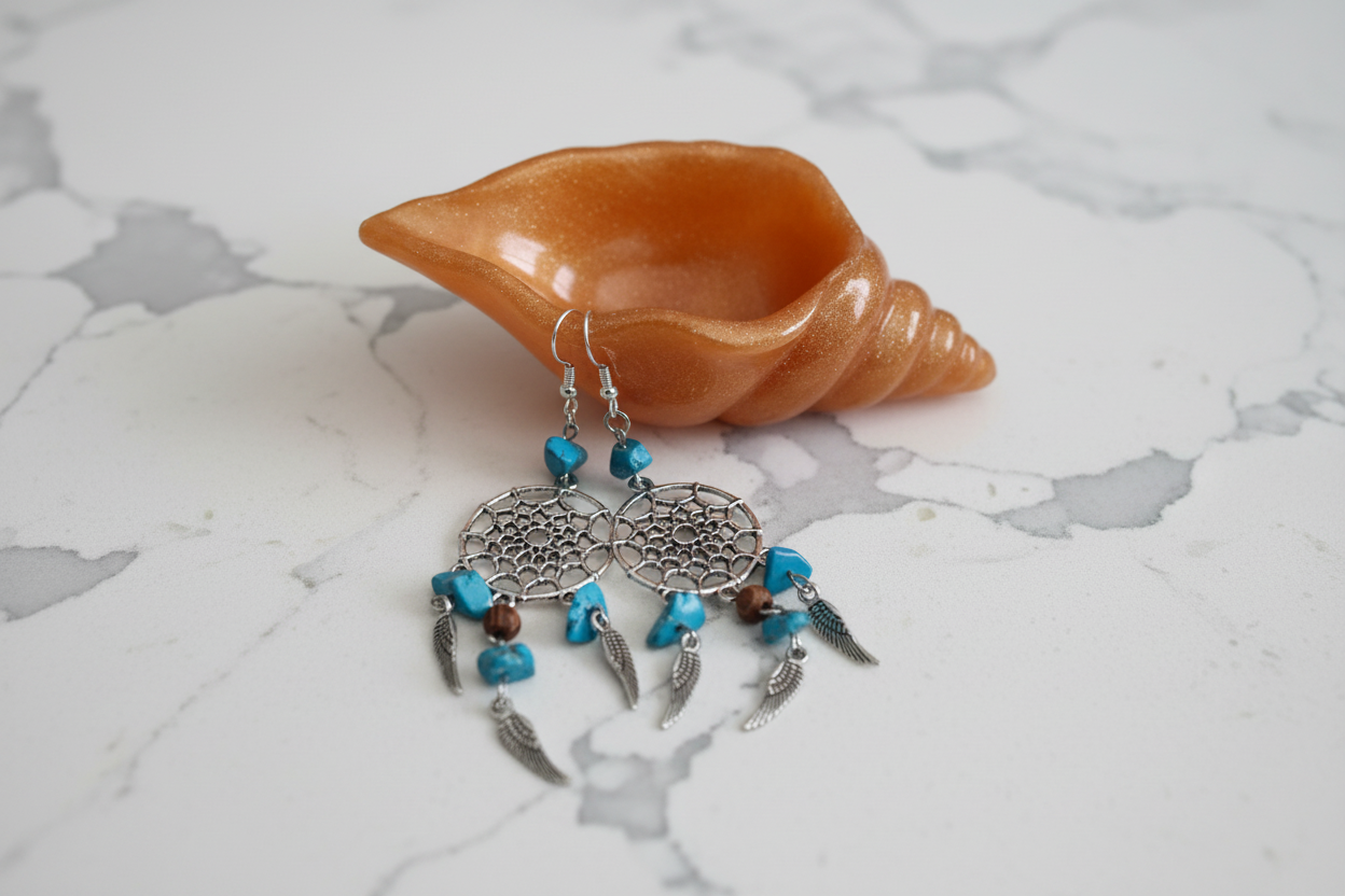 Earrings - Dream catcher with glass beads and silver wings on hook