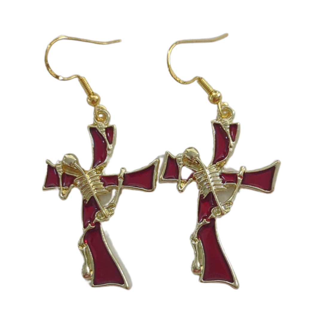 Earrings - Red cross with skeleton on hook